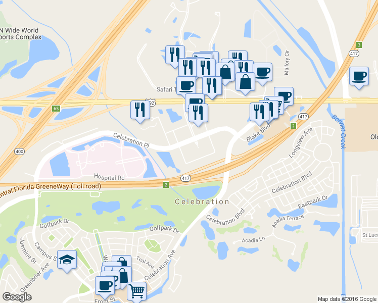 map of restaurants, bars, coffee shops, grocery stores, and more near 200 Celebration Place in Kissimmee