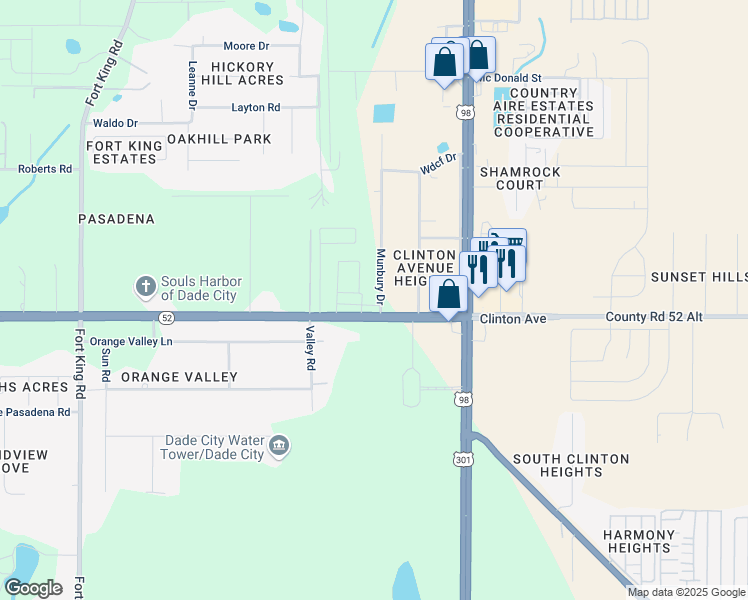map of restaurants, bars, coffee shops, grocery stores, and more near 11745 Munbury Drive in Dade City