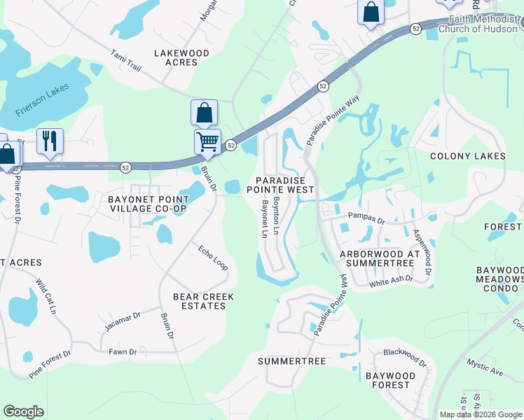 map of restaurants, bars, coffee shops, grocery stores, and more near 11815 Bayonet Lane in New Port Richey