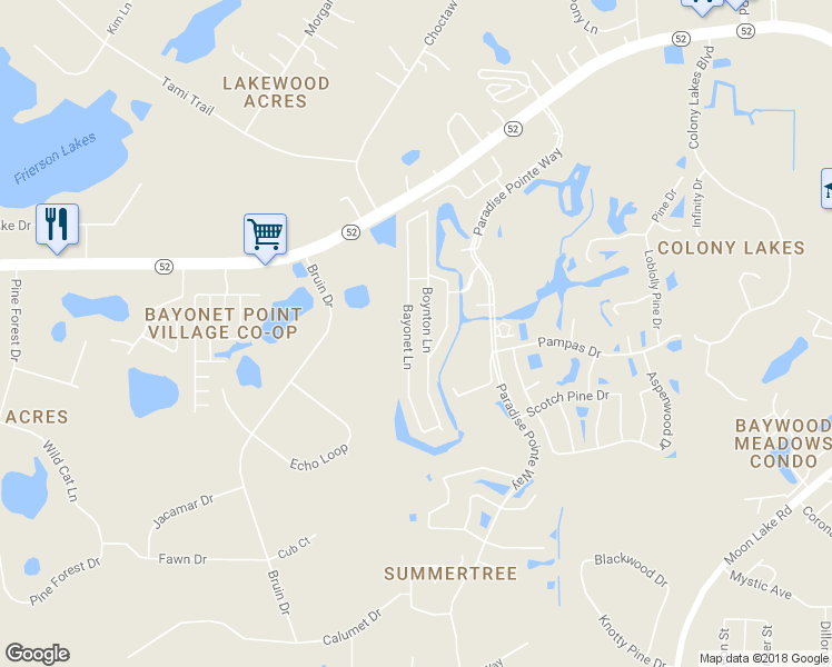 map of restaurants, bars, coffee shops, grocery stores, and more near 11816 Bayonet Lane in New Port Richey
