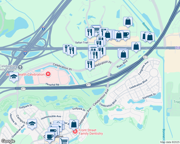 map of restaurants, bars, coffee shops, grocery stores, and more near 200 Celebration Place in Kissimmee