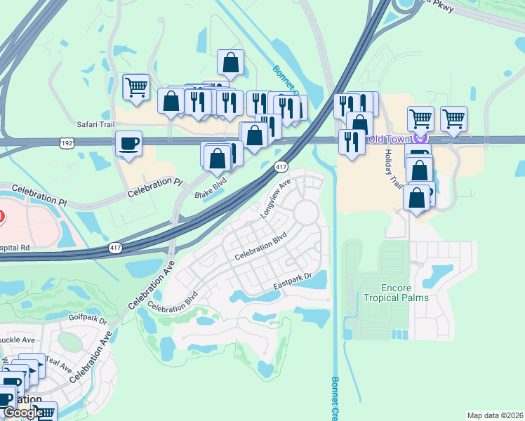map of restaurants, bars, coffee shops, grocery stores, and more near 200 Longview Avenue in Kissimmee