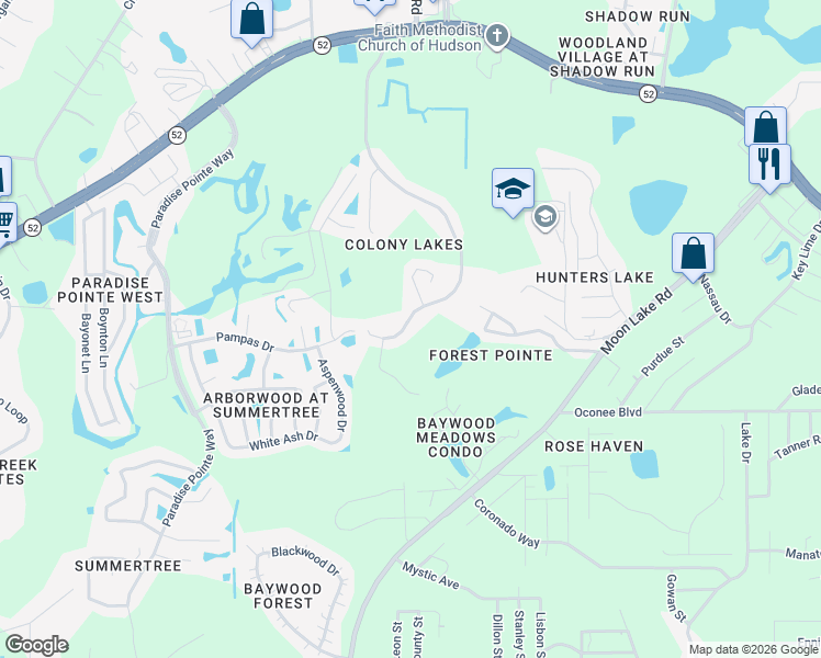 map of restaurants, bars, coffee shops, grocery stores, and more near 11754 Colony Lakes Boulevard in New Port Richey