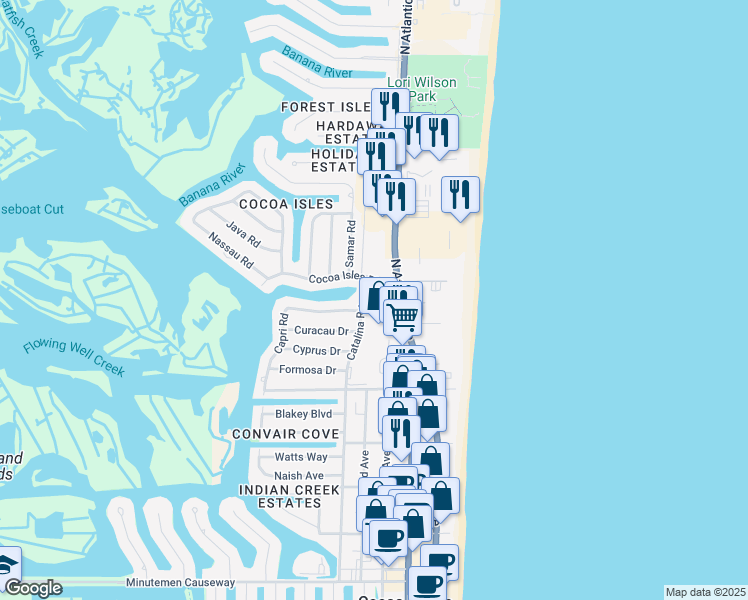 map of restaurants, bars, coffee shops, grocery stores, and more near in Cocoa Beach