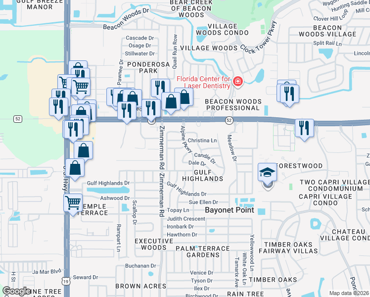 map of restaurants, bars, coffee shops, grocery stores, and more near 11823 Alpine Parkway in Port Richey