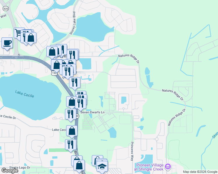 map of restaurants, bars, coffee shops, grocery stores, and more near 2721 Bookmark Drive in Kissimmee