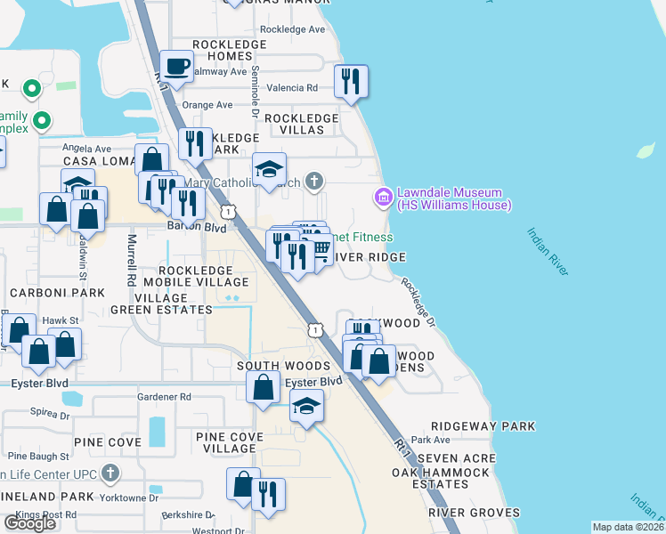 map of restaurants, bars, coffee shops, grocery stores, and more near 23 River Ridge Drive in Rockledge