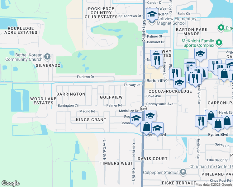 map of restaurants, bars, coffee shops, grocery stores, and more near 1718 Jordan Drive in Rockledge