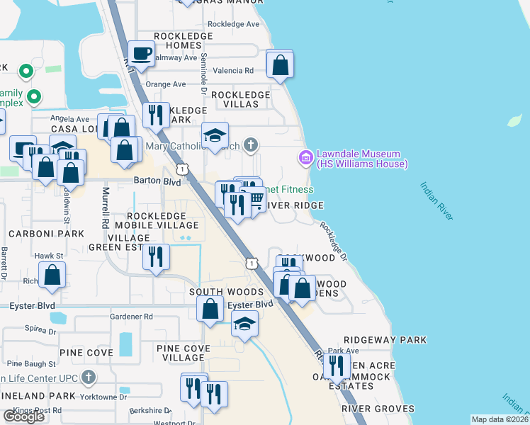 map of restaurants, bars, coffee shops, grocery stores, and more near 23 River Ridge Drive in Rockledge