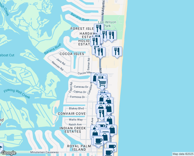 map of restaurants, bars, coffee shops, grocery stores, and more near 150 Cocoa Isles Boulevard in Cocoa Beach
