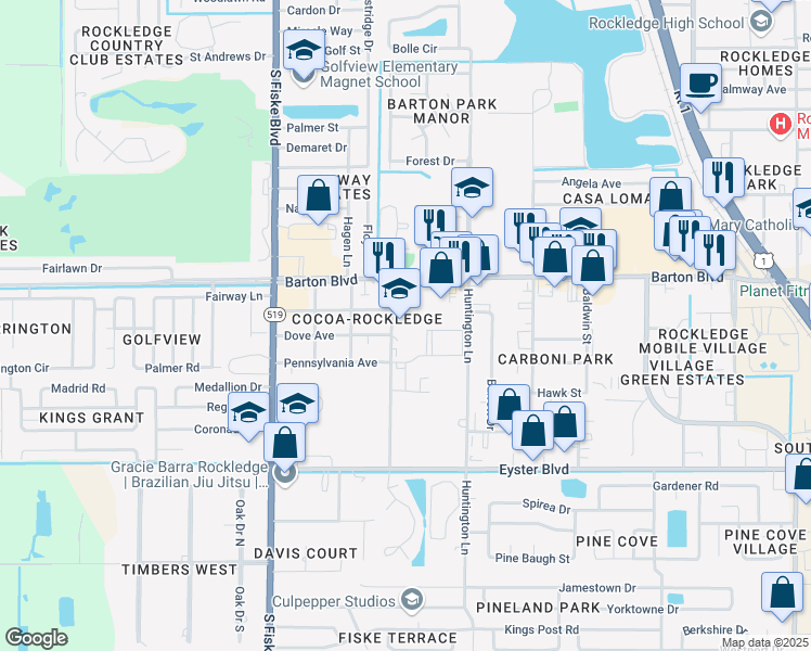 map of restaurants, bars, coffee shops, grocery stores, and more near 1694 Cedar Street in Rockledge