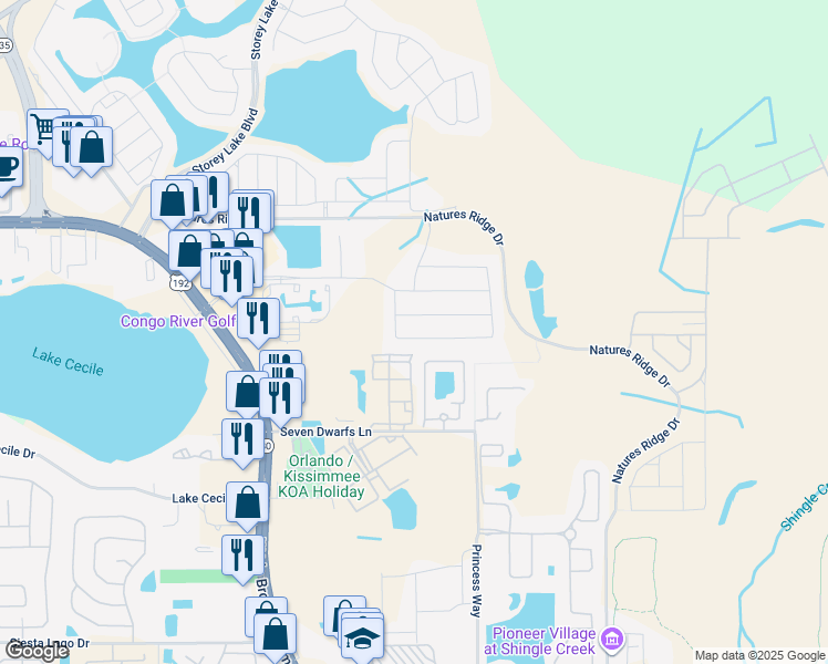 map of restaurants, bars, coffee shops, grocery stores, and more near 2738 Bookmark Drive in Kissimmee