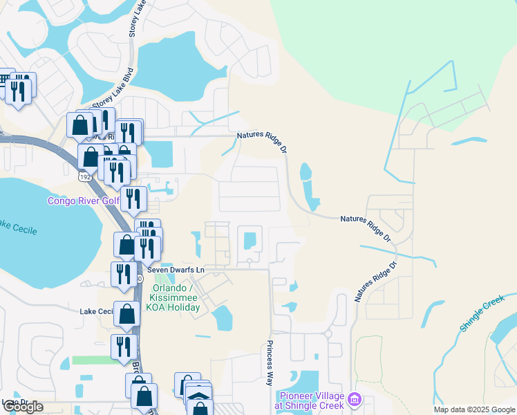 map of restaurants, bars, coffee shops, grocery stores, and more near 2762 Bookmark Drive in Kissimmee