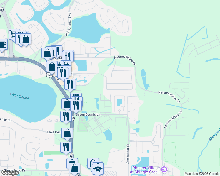 map of restaurants, bars, coffee shops, grocery stores, and more near 2738 Bookmark Drive in Kissimmee