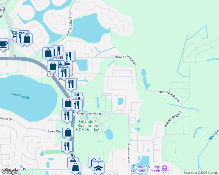 map of restaurants, bars, coffee shops, grocery stores, and more near 2738 Bookmark Drive in Kissimmee