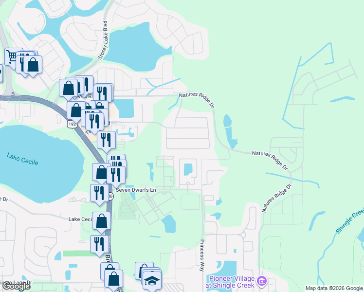 map of restaurants, bars, coffee shops, grocery stores, and more near 2738 Bookmark Drive in Kissimmee