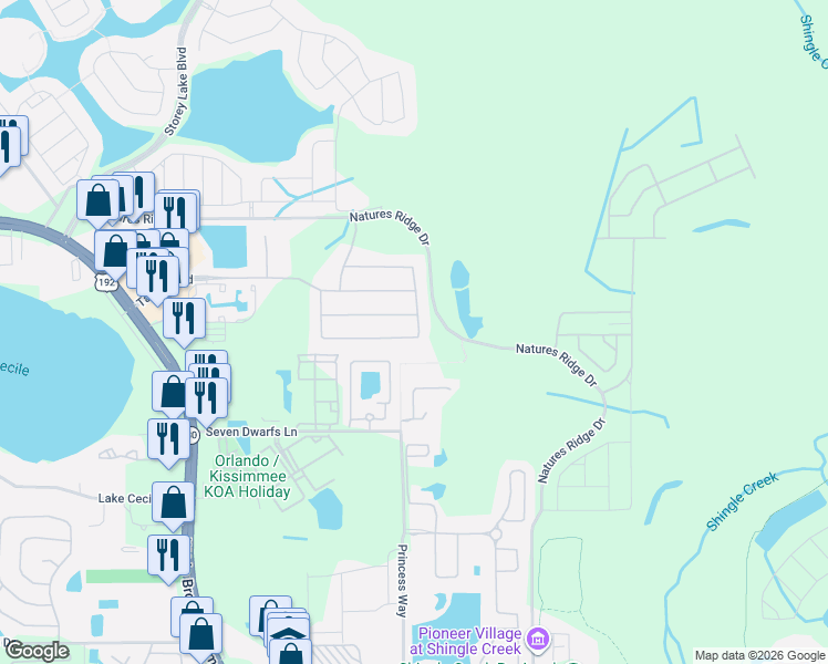 map of restaurants, bars, coffee shops, grocery stores, and more near 2793 Bookmark Drive in Kissimmee