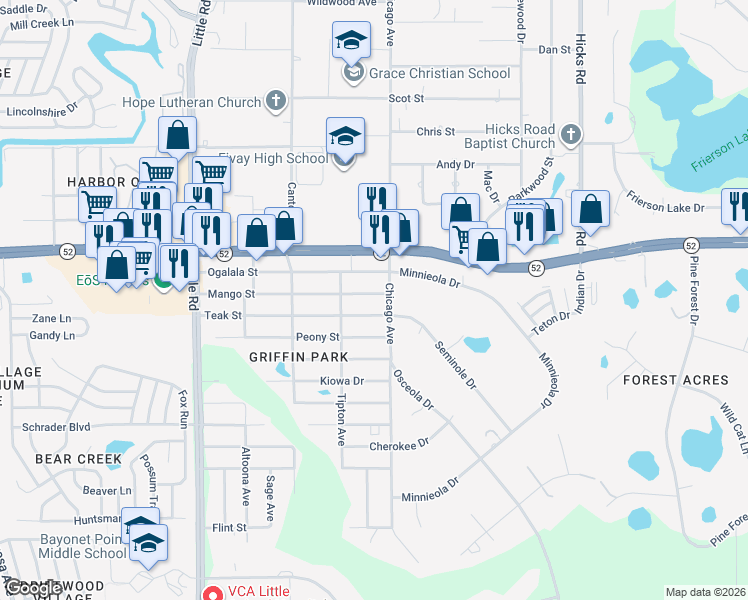 map of restaurants, bars, coffee shops, grocery stores, and more near 9415 Teak Street in New Port Richey