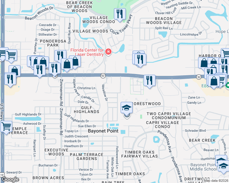 map of restaurants, bars, coffee shops, grocery stores, and more near 11810 Paige Drive in Port Richey