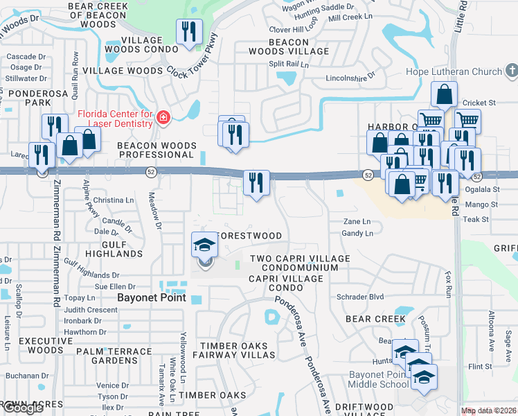 map of restaurants, bars, coffee shops, grocery stores, and more near 8220 State Road 52 in Hudson