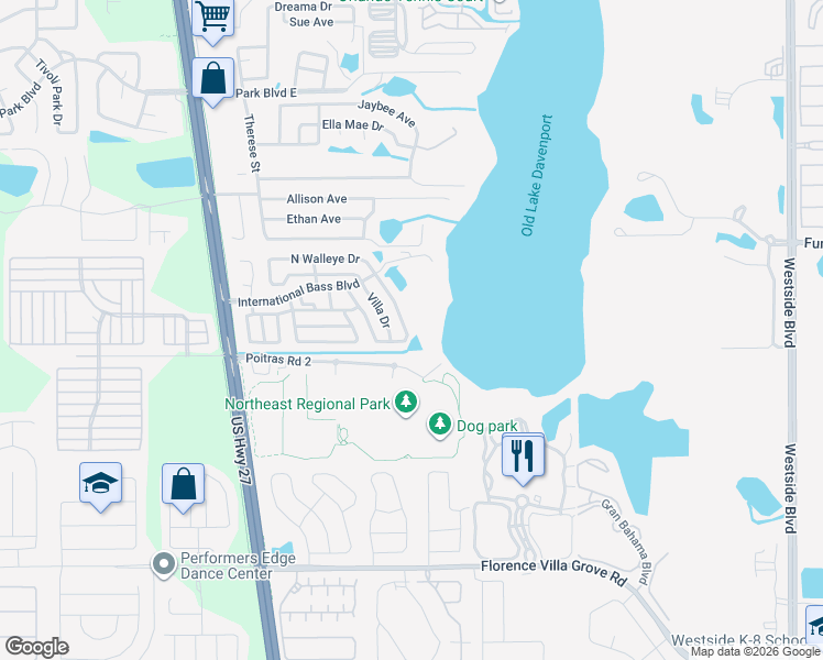 map of restaurants, bars, coffee shops, grocery stores, and more near 336 West Shoreline Drive in Davenport