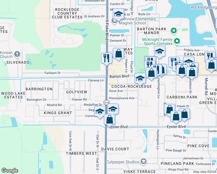 map of restaurants, bars, coffee shops, grocery stores, and more near 1802 South Fiske Boulevard in Rockledge