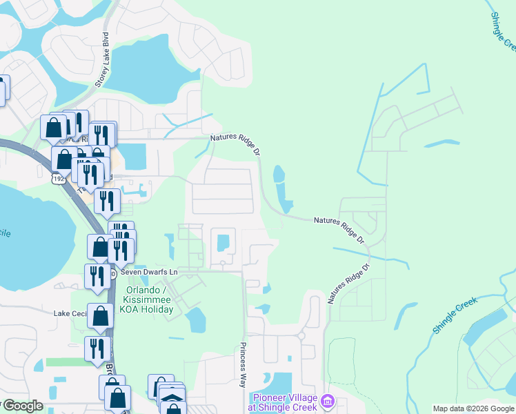 map of restaurants, bars, coffee shops, grocery stores, and more near 2793 Bookmark Drive in Kissimmee