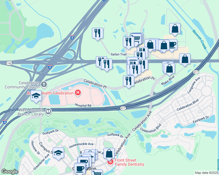 map of restaurants, bars, coffee shops, grocery stores, and more near 350-398 Celebration Place in Celebration