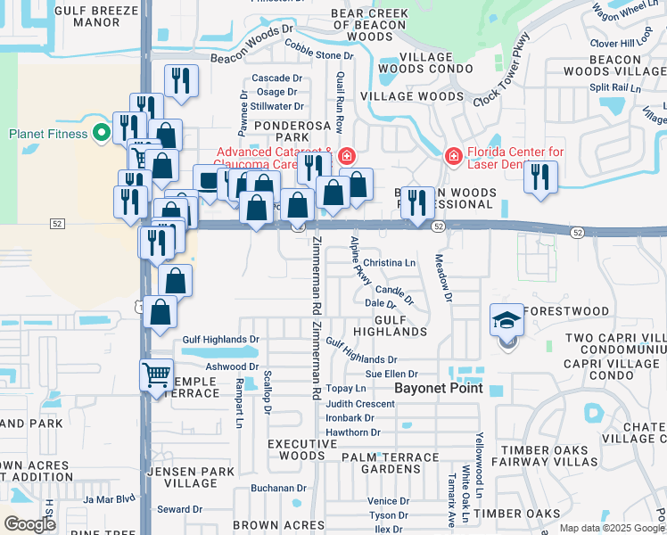 map of restaurants, bars, coffee shops, grocery stores, and more near 7518 Christina Lane in Port Richey