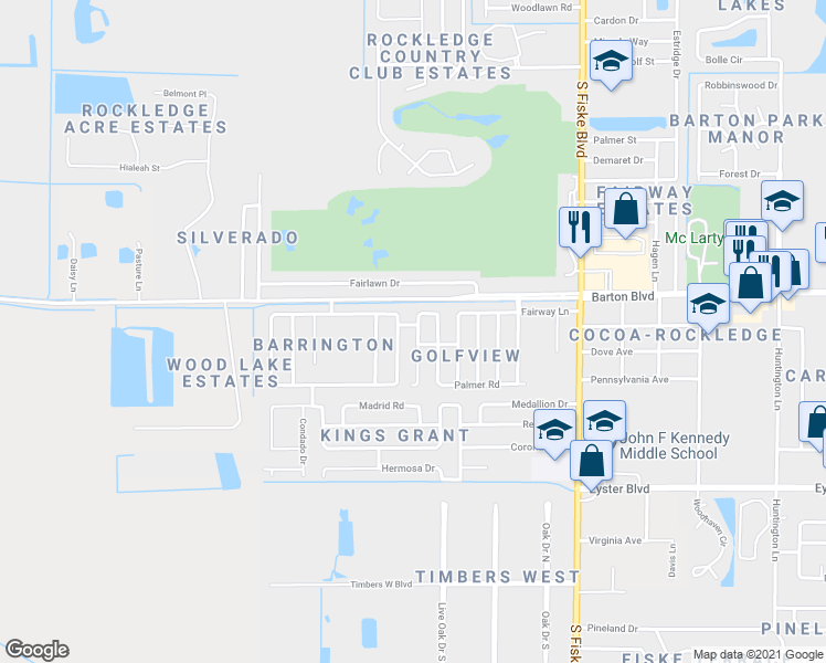 map of restaurants, bars, coffee shops, grocery stores, and more near 1690 Fenway Circle in Rockledge