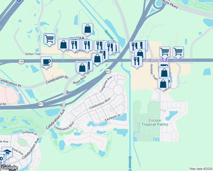 map of restaurants, bars, coffee shops, grocery stores, and more near 200 Longview Avenue in Kissimmee