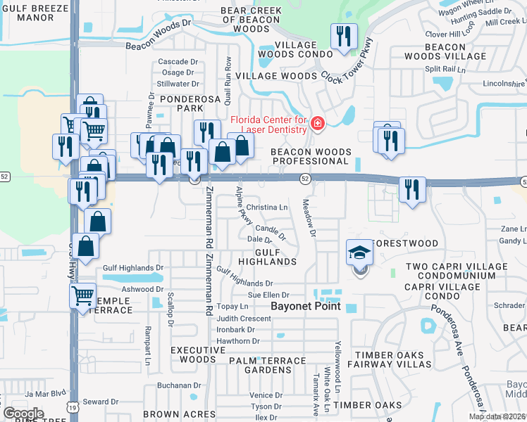 map of restaurants, bars, coffee shops, grocery stores, and more near 11808 Bingham Drive in Port Richey