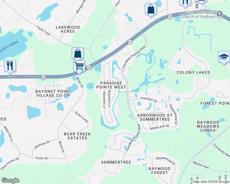 map of restaurants, bars, coffee shops, grocery stores, and more near 11830 Carissa Lane in New Port Richey