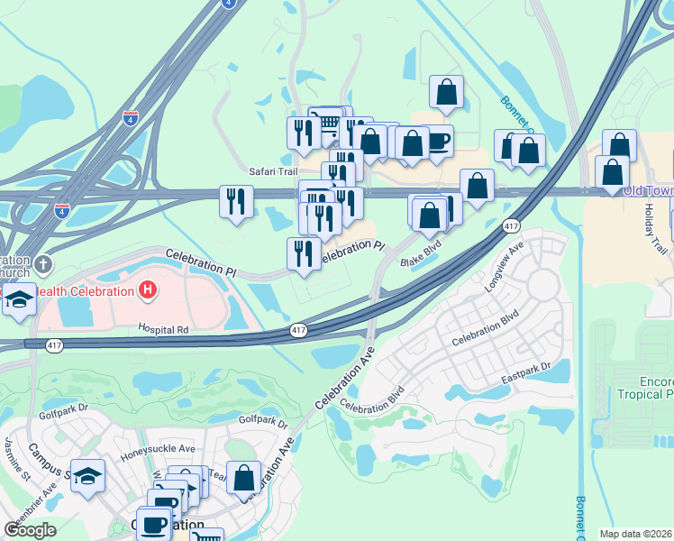 map of restaurants, bars, coffee shops, grocery stores, and more near 220 Celebration Place in Kissimmee