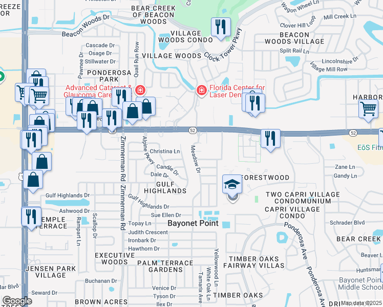 map of restaurants, bars, coffee shops, grocery stores, and more near 11835 Meadow Drive in Port Richey