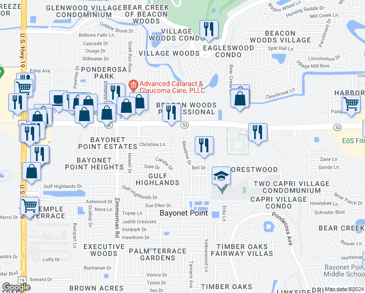 map of restaurants, bars, coffee shops, grocery stores, and more near 11835 Meadow Drive in Port Richey