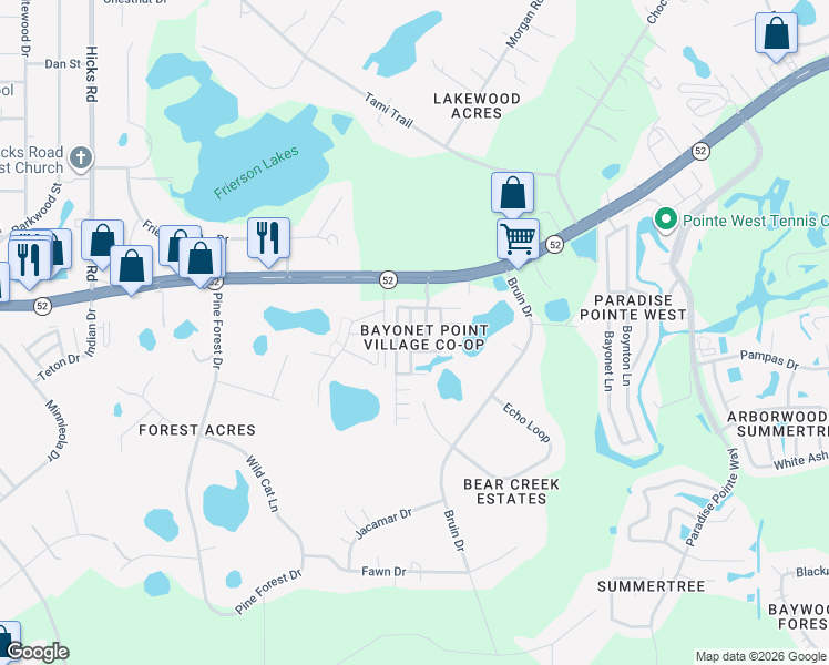map of restaurants, bars, coffee shops, grocery stores, and more near 11812 Point Boulevard in New Port Richey