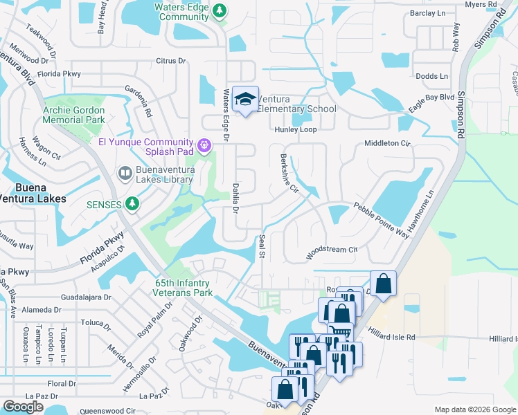 map of restaurants, bars, coffee shops, grocery stores, and more near 104 Hollyhock Circle in Kissimmee