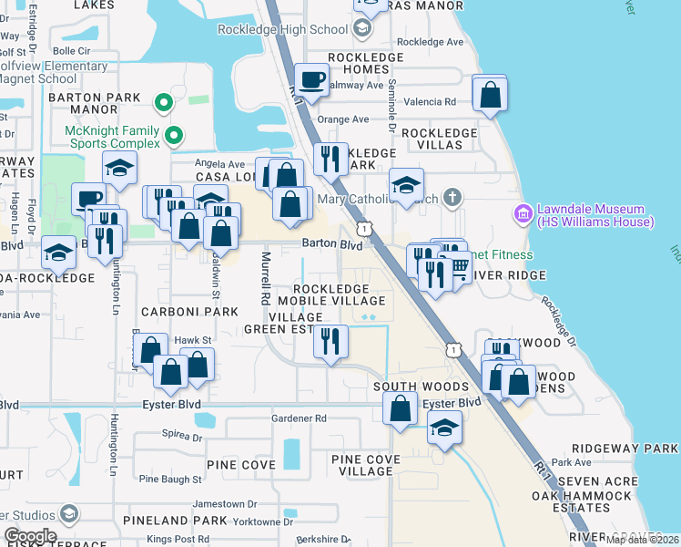 map of restaurants, bars, coffee shops, grocery stores, and more near 1701 Jack Oates Boulevard in Rockledge