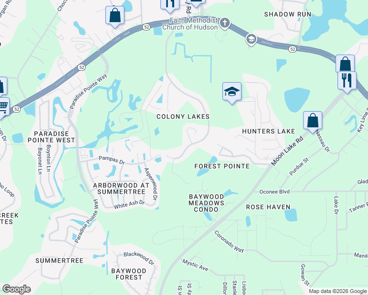 map of restaurants, bars, coffee shops, grocery stores, and more near 11809 Colony Lakes Boulevard in New Port Richey