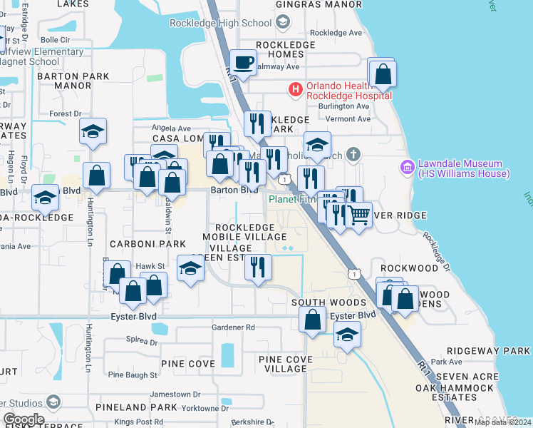 map of restaurants, bars, coffee shops, grocery stores, and more near 1676 Jack Oates Boulevard in Rockledge