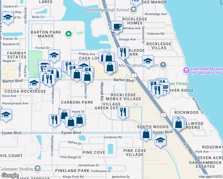 map of restaurants, bars, coffee shops, grocery stores, and more near 1148 Bailey Court in Rockledge
