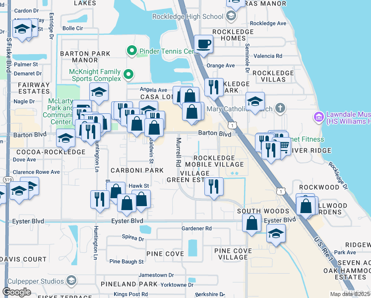 map of restaurants, bars, coffee shops, grocery stores, and more near 1148 Bailey Court in Rockledge