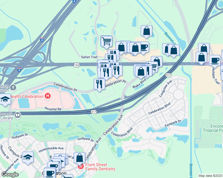 map of restaurants, bars, coffee shops, grocery stores, and more near 220 Celebration Place in Kissimmee