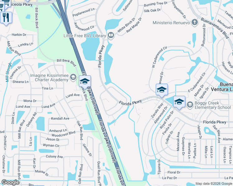 map of restaurants, bars, coffee shops, grocery stores, and more near 896 Florida Parkway in Kissimmee