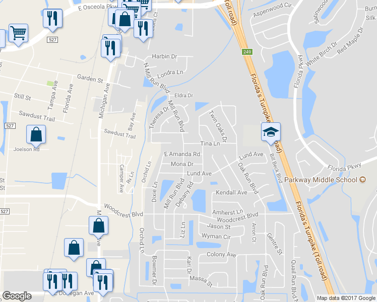 map of restaurants, bars, coffee shops, grocery stores, and more near 1453 East Amanda Road in Kissimmee