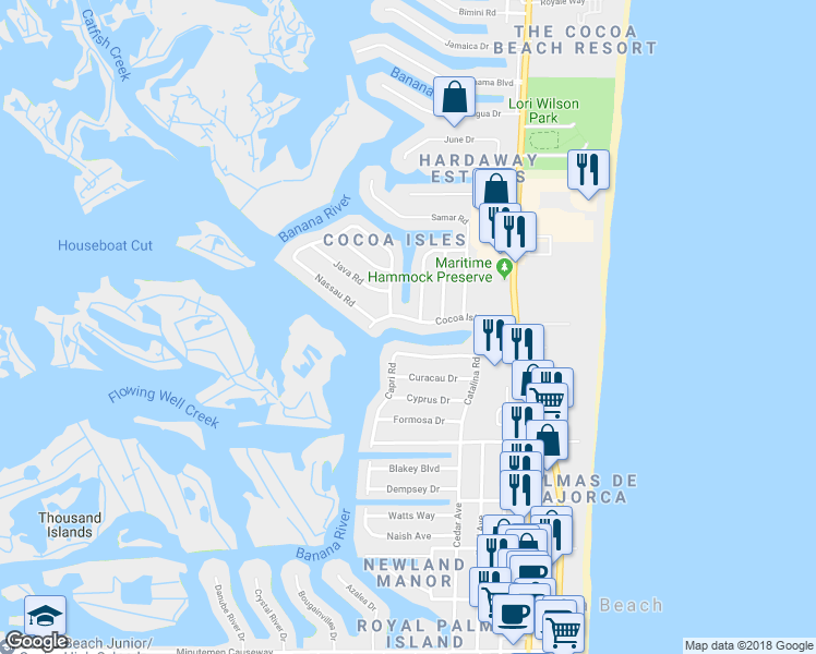 map of restaurants, bars, coffee shops, grocery stores, and more near 514 Cocoa Isles Boulevard in Cocoa Beach