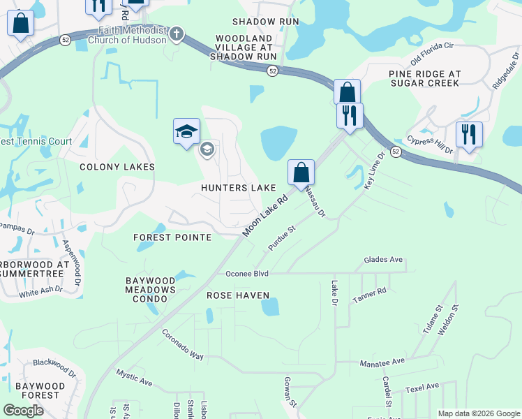map of restaurants, bars, coffee shops, grocery stores, and more near 11836 Hunters Lake Drive in New Port Richey
