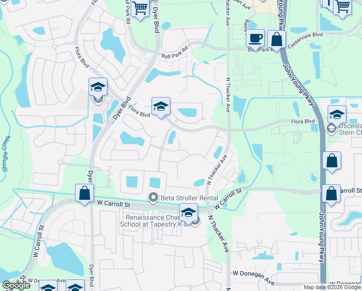 map of restaurants, bars, coffee shops, grocery stores, and more near 2430 Harwich Drive in Kissimmee