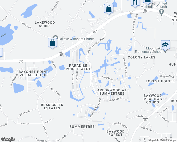 map of restaurants, bars, coffee shops, grocery stores, and more near 11346 Cherry Way Lane in New Port Richey